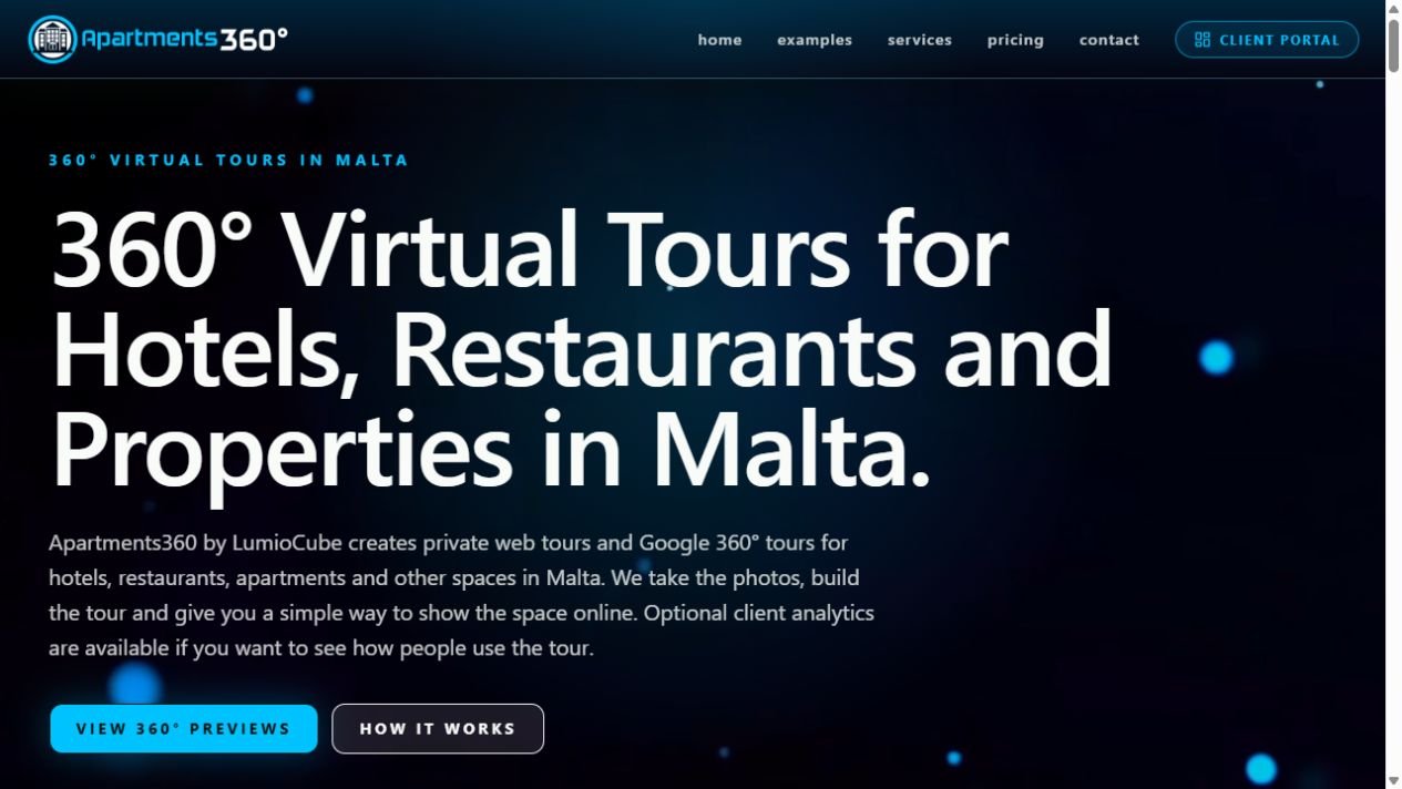 Apartments360 website showing its 360° virtual tour services in Malta