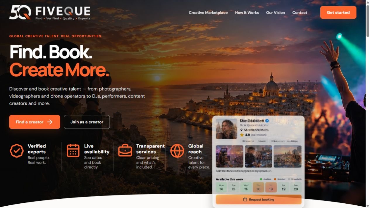 FIVEQUE creative talent marketplace website with its orange branding and Malta coastal imagery