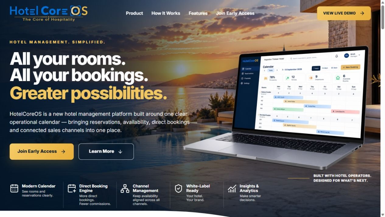 HotelCoreOS product website presenting its hotel management platform